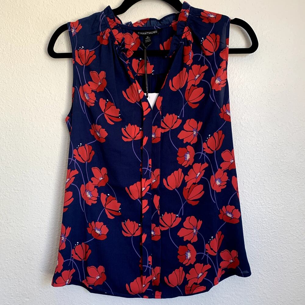 NWT 41 Hawthorn Poppy Floral Ruffle Neck Sleeveless Blouse in Blue